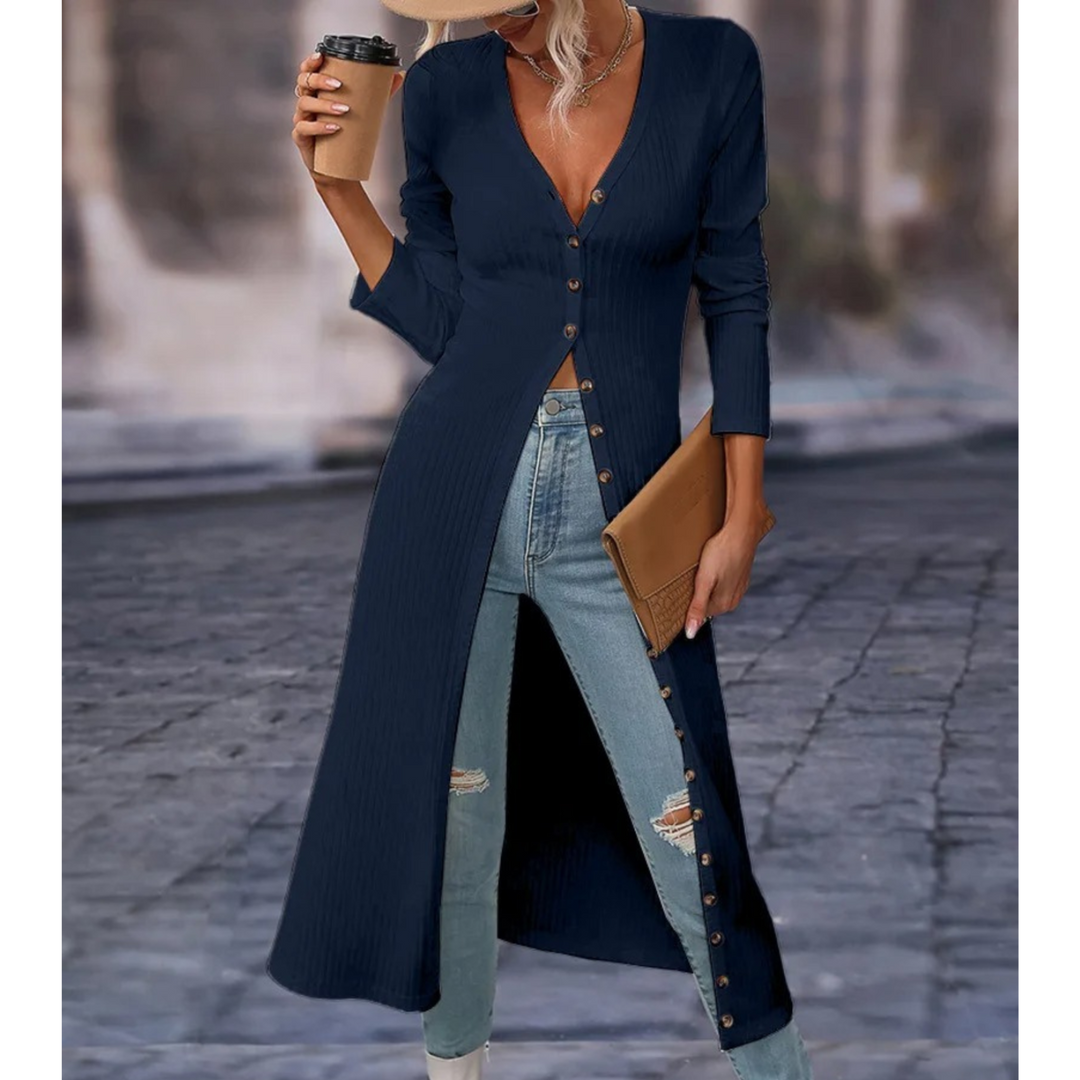 Women's longline v-neck jacket with button front, a versatile and lightweight outerwear piece for everyday wear.