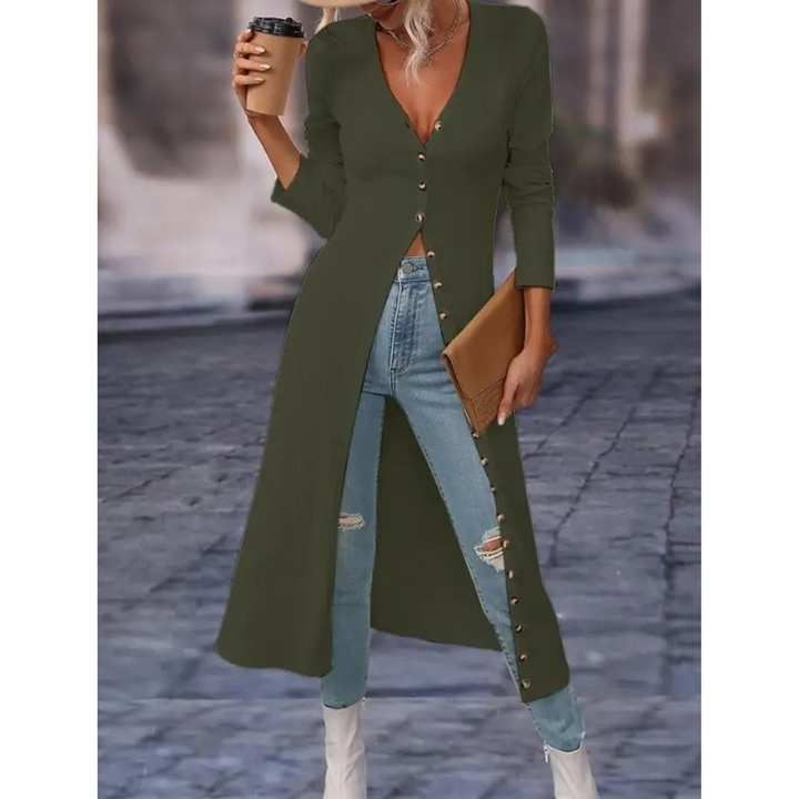 Stylish women's longline v-neck button jacket, perfect for elegant spring and fall layering, lightweight comfort.