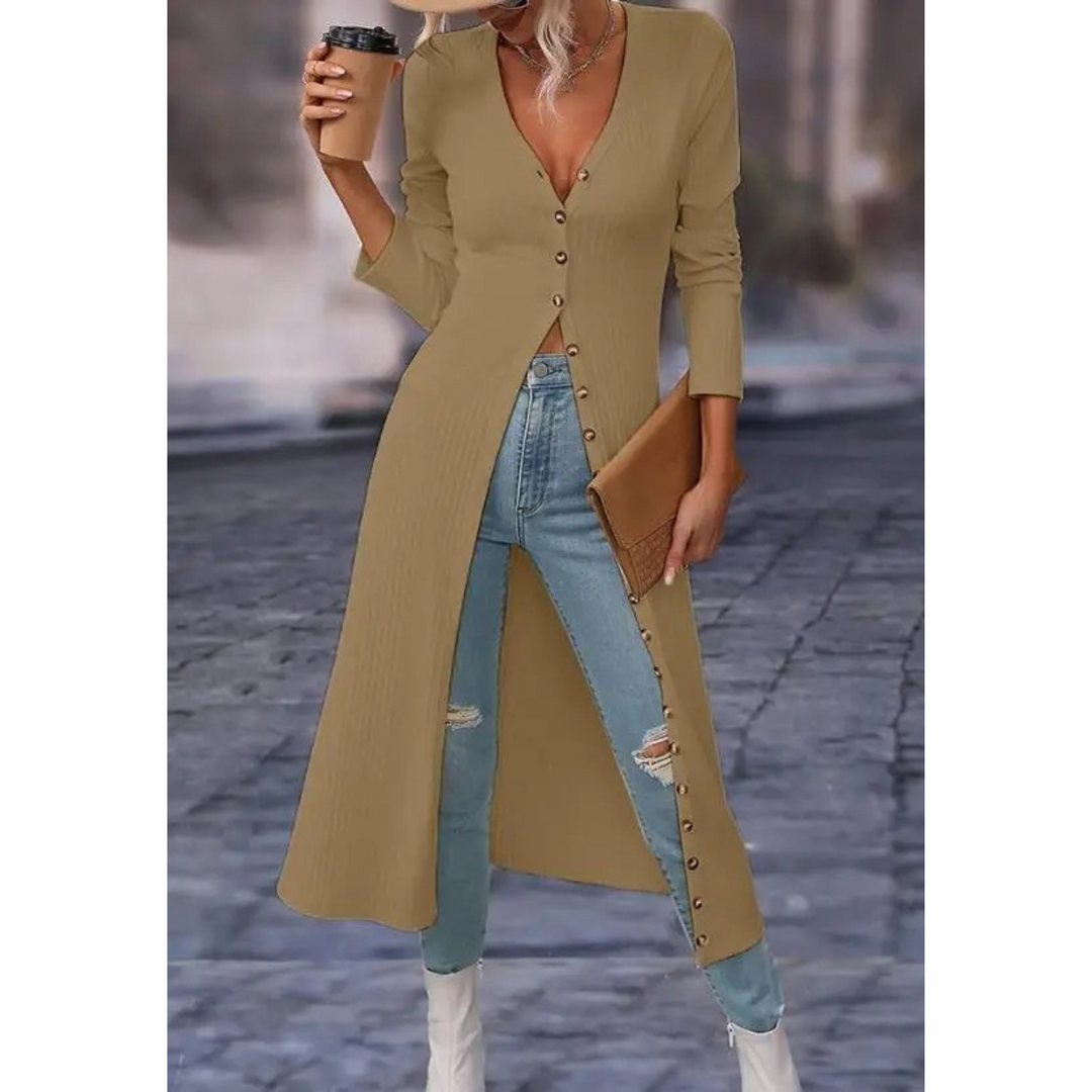 Women's elegant longline V-neck button-front jacket, a comfortable and versatile piece for everyday chic.
