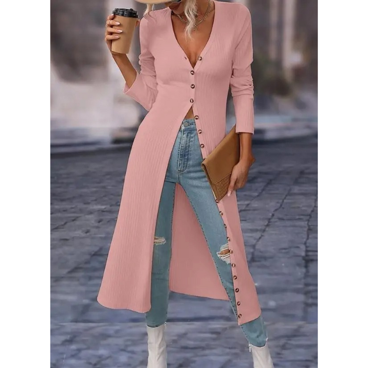 Casual chic women's longline v-neck button jacket, offering elegant style and comfort for versatile fashion.
