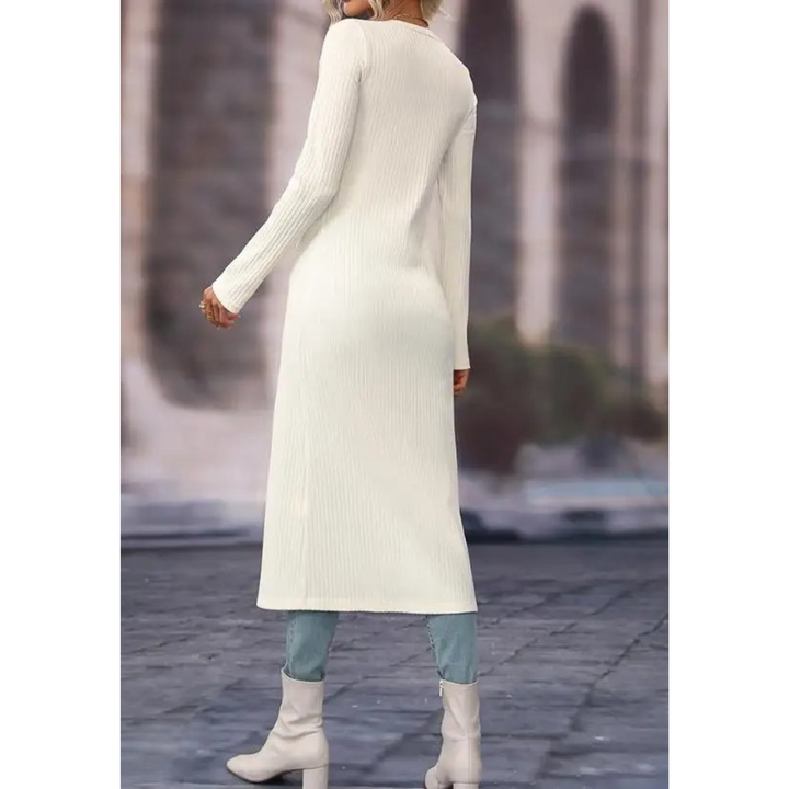 Women's comfortable longline v-neck button jacket, an elegant, lightweight outerwear essential for spring & fall.