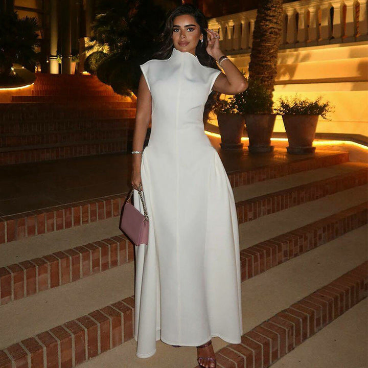 Elegant women's maxi dress with stand collar and stylish side slit, perfect for formal evening events.
