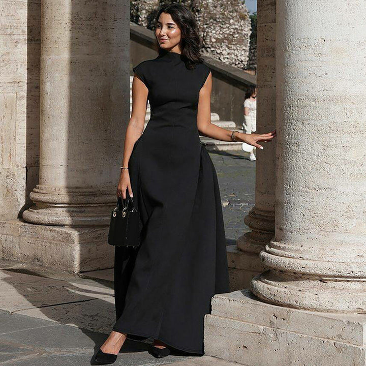 Formal women's evening maxi dress; elegant silhouette, stand collar, and a graceful side slit for special occasions.