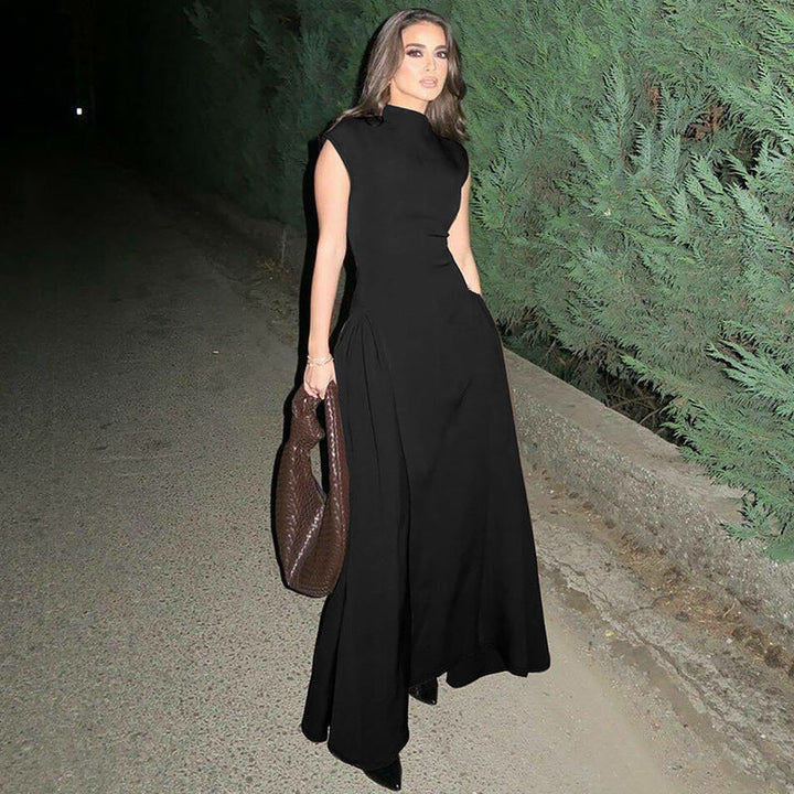 Women's elegant long dress with a high stand collar, subtle side slit, ideal for a refined, modern look.