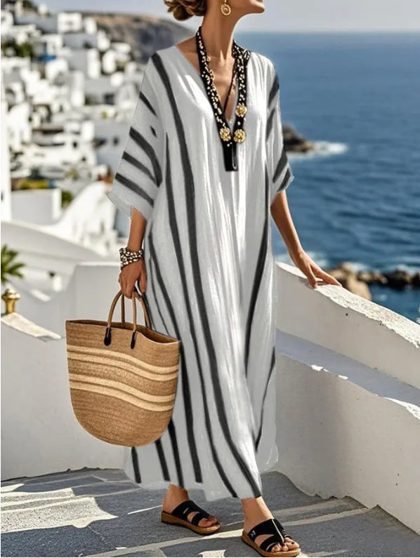 Mediterranean striped long kaftan dress, an elegant and comfortable women's summer beachwear maxi.