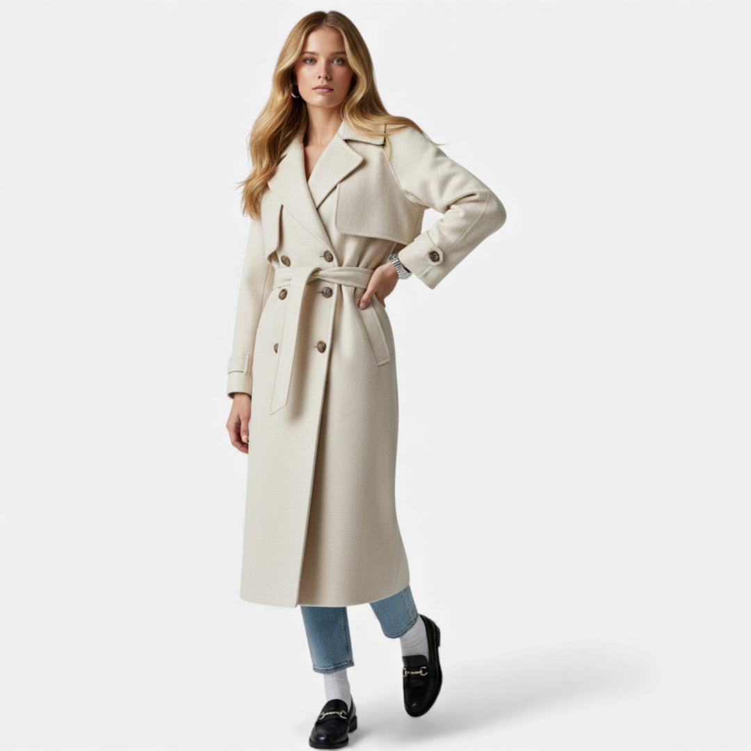 Elegant women's mid-length belted lapel overcoat, perfect for chic winter fashion.