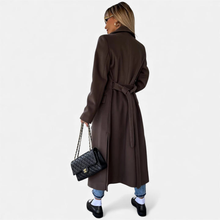 Professional women's mid-length belted lapel coat. Classic elegant overcoat, chic outerwear.