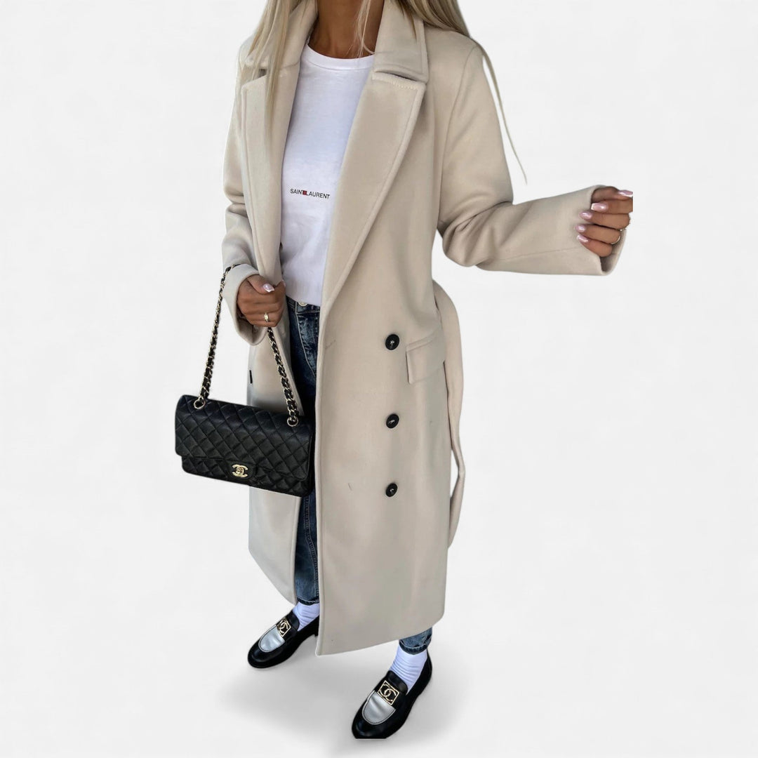 Elegant women's belted overcoat. Chic lapel coat, perfect for classic winter fashion.
