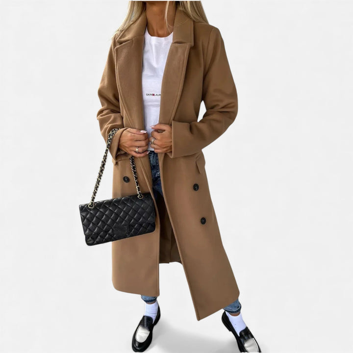 Classic women's elegant belted lapel coat. Mid-length overcoat, chic outerwear for ladies.
