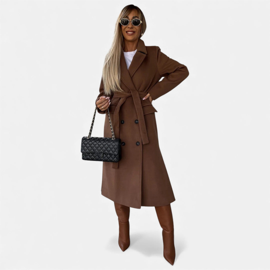 Women's mid-length belted overcoat. Elegant lapel coat for stylish winter fashion & outerwear.