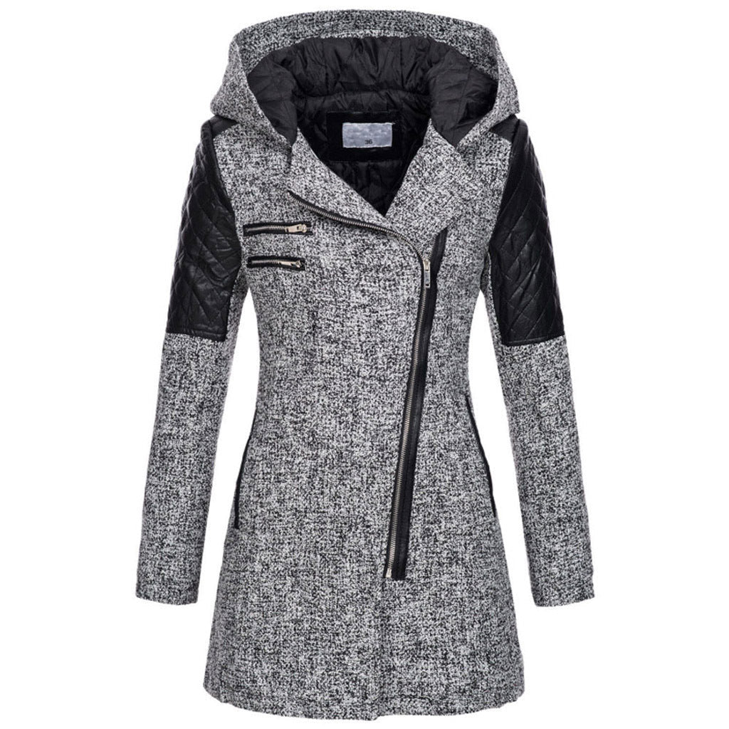 Elegant women's mid-length puffer jacket with diagonal zipper, ideal for winter fashion.