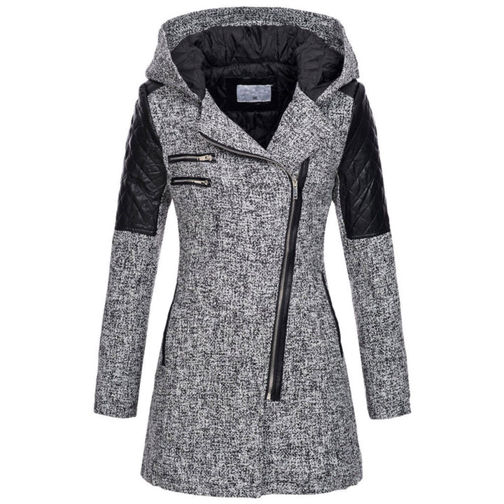 Elegant women's mid-length puffer jacket with diagonal zipper, ideal for winter fashion.
