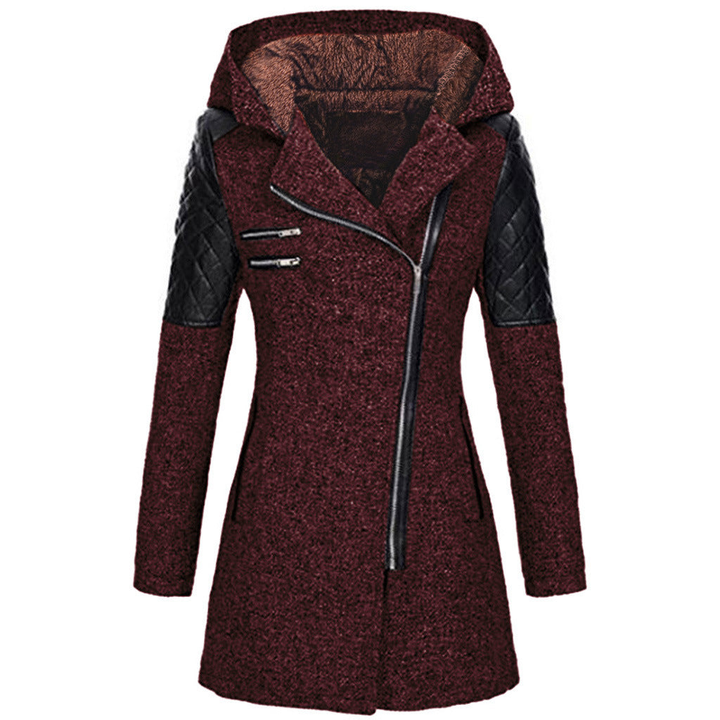 Women's stylish outerwear, mid-length puffer jacket with diagonal zipper, essential for winter fashion.