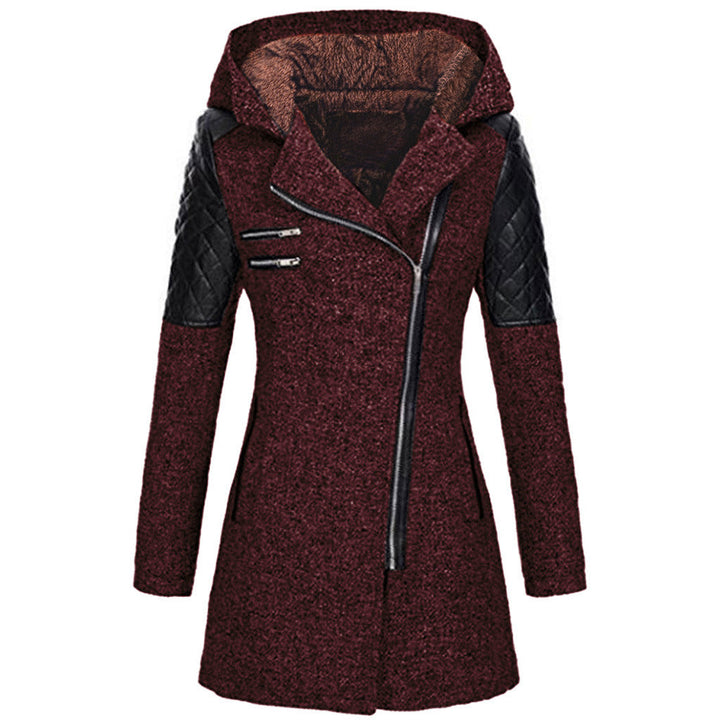 Women's stylish outerwear, mid-length puffer jacket with diagonal zipper, essential for winter fashion.