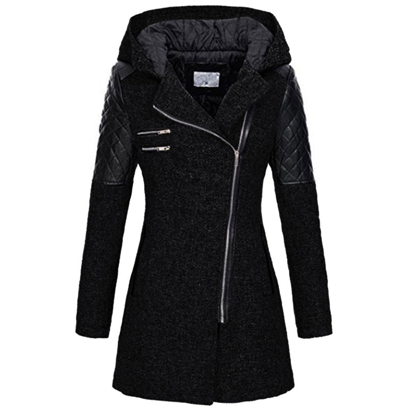 Stylish women's puffer coat, mid-length design for cold weather, featuring a unique diagonal zipper.