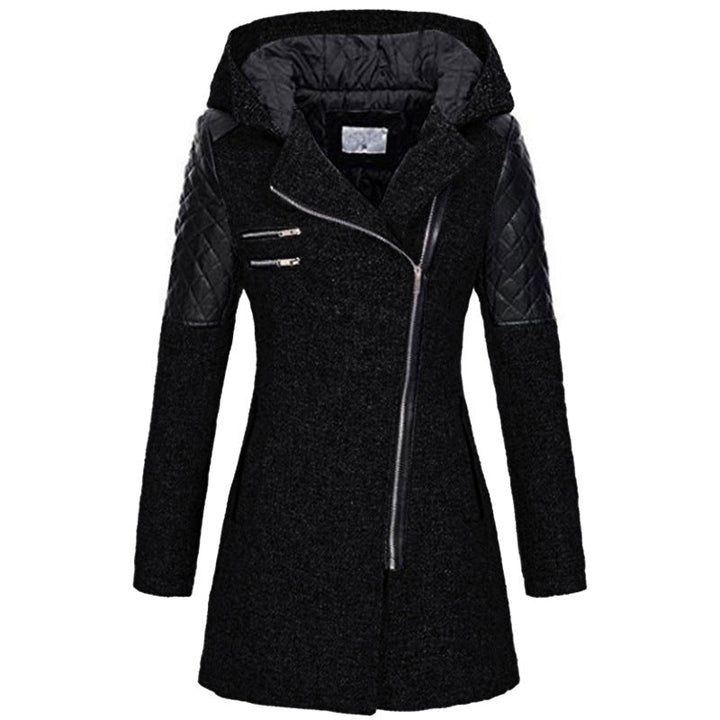 Stylish women's puffer coat, mid-length design for cold weather, featuring a unique diagonal zipper.