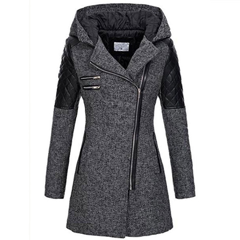 Warm women's mid-length puffer jacket, perfect for winter, with a chic diagonal zipper detail.