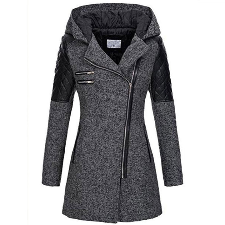 Warm women's mid-length puffer jacket, perfect for winter, with a chic diagonal zipper detail.