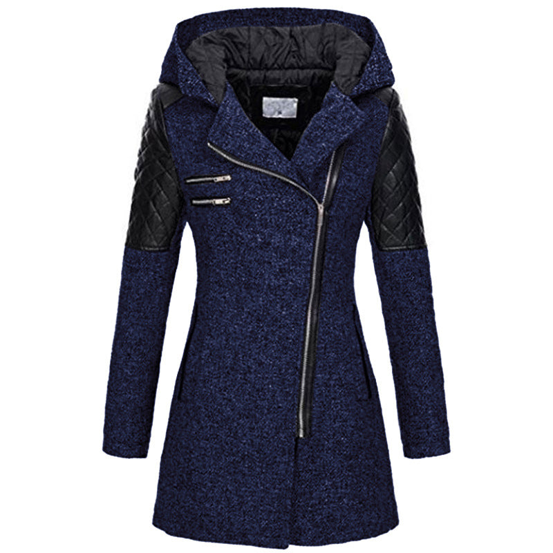 Plus size women's elegant puffer coat, mid-length, offering warmth and style for winter fashion.