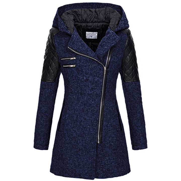 Plus size women's elegant puffer coat, mid-length, offering warmth and style for winter fashion.