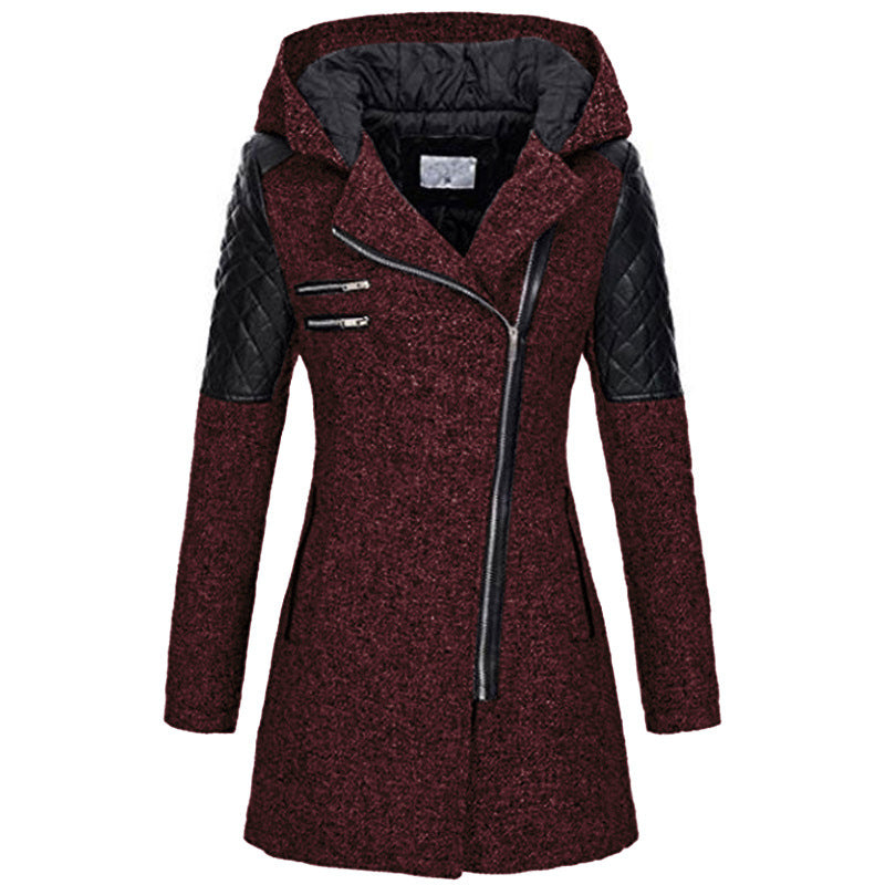 Women's mid-length puffer jacket, black, with a distinctive diagonal zipper, cold weather essential.