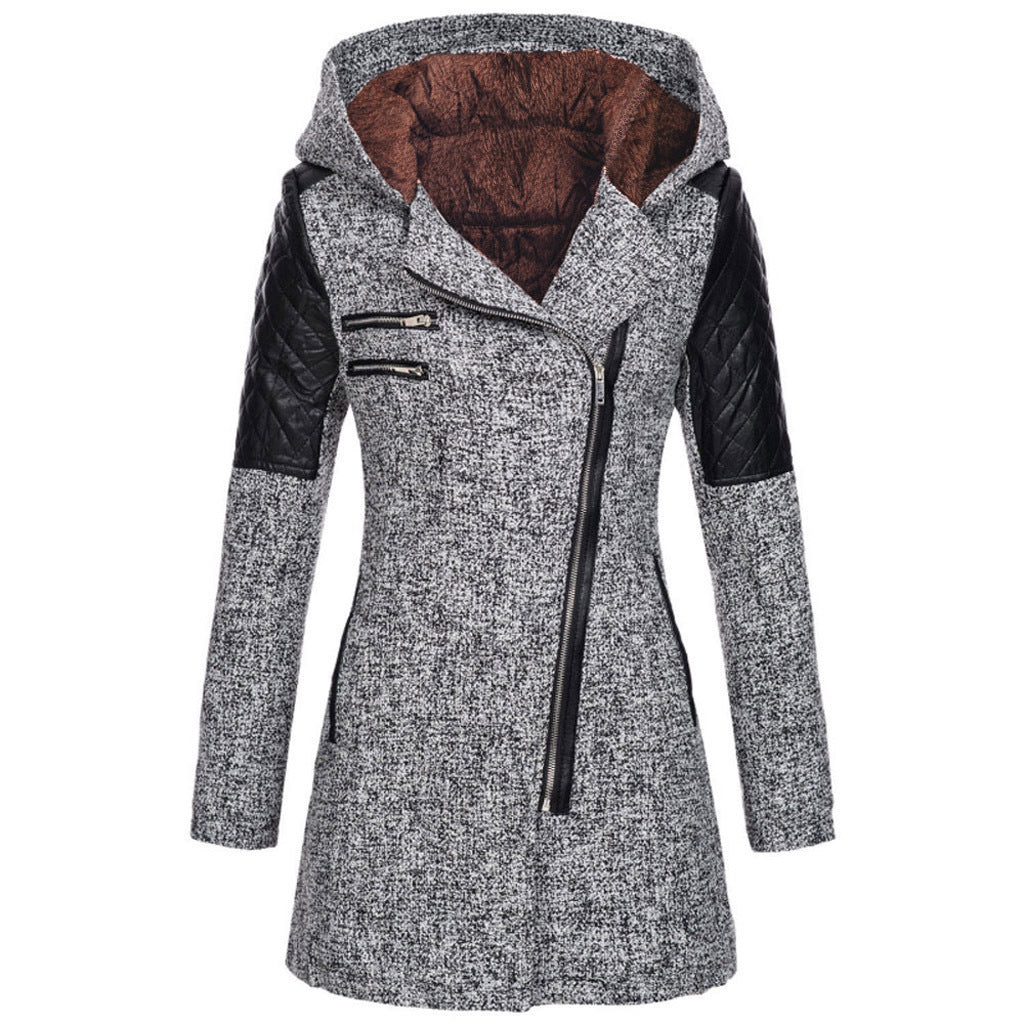 Fashionable women's winter jacket, mid-length puffer style with diagonal zipper, warm and stylish.