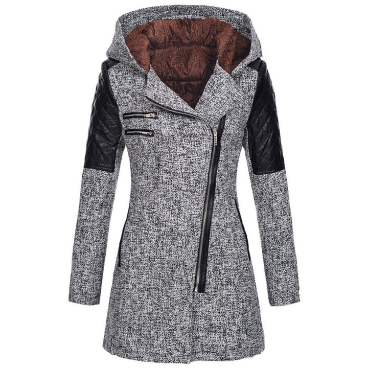 Fashionable women's winter jacket, mid-length puffer style with diagonal zipper, warm and stylish.