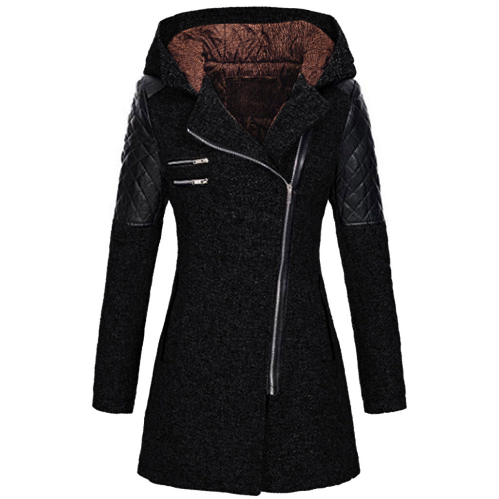 Mid-length puffer jacket for women, diagonal zipper, designed for warmth in cold weather.