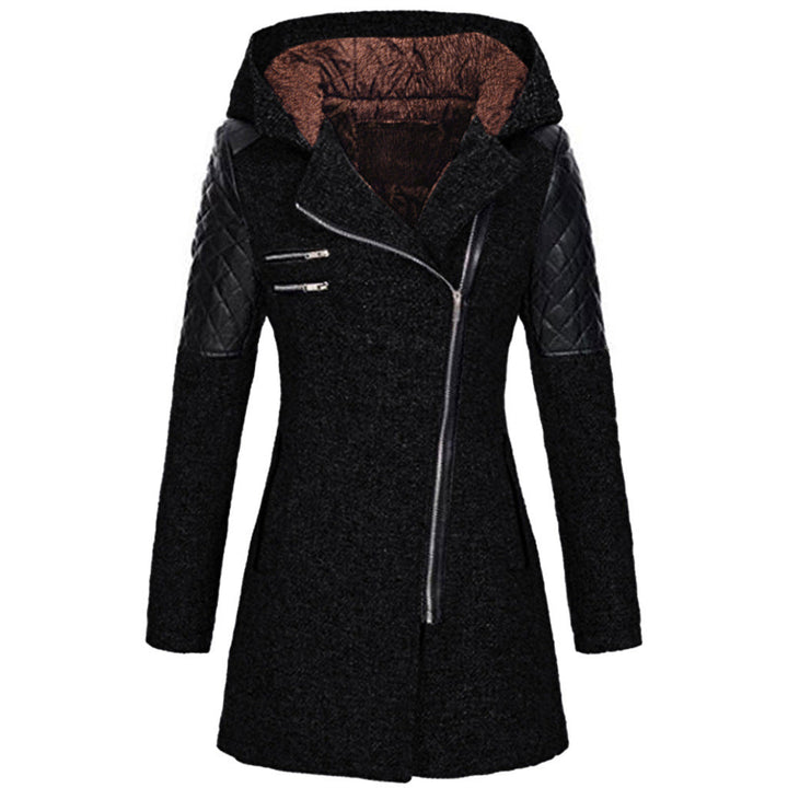 Mid-length puffer jacket for women, diagonal zipper, designed for warmth in cold weather.