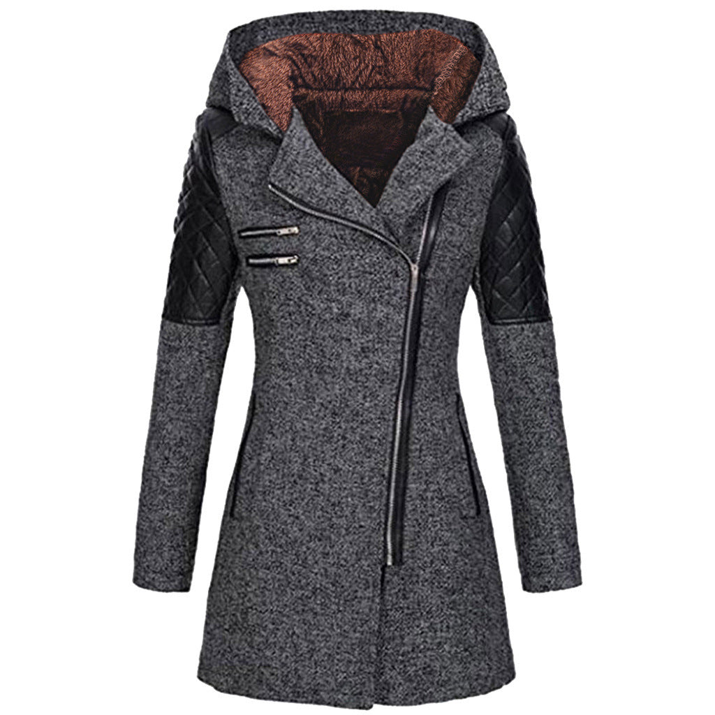 Elegant black women's puffer coat, mid-length, features a stylish diagonal zipper for winter.