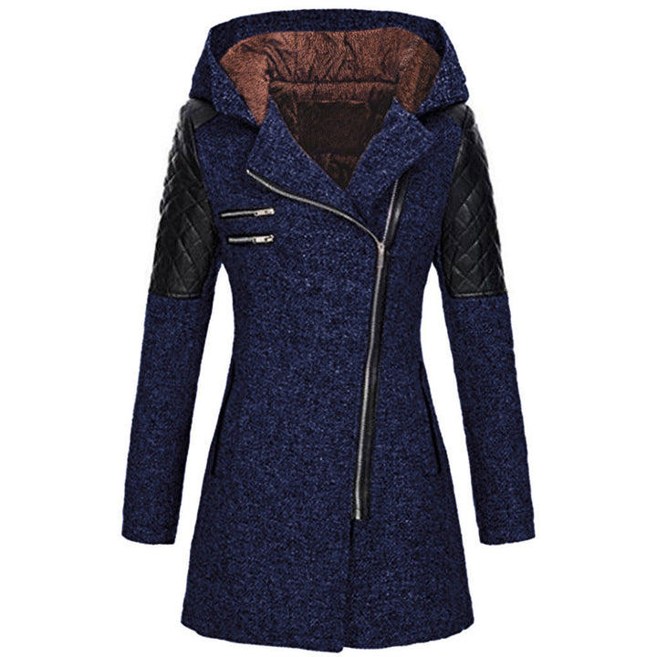 Warm women's mid-length jacket, puffer style, with a unique diagonal zipper, perfect for cold.