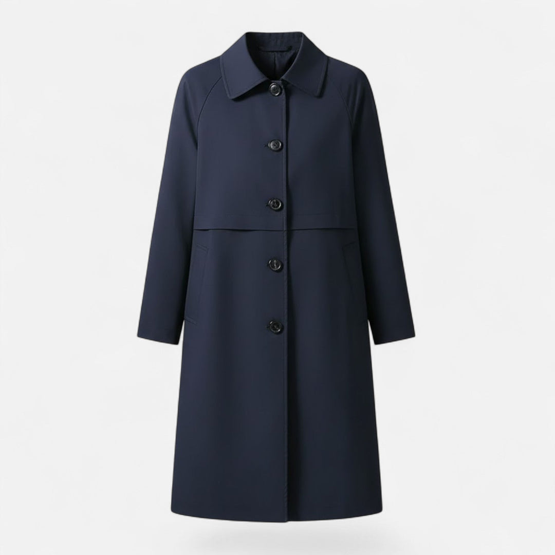 Classic belted women's trench coat in mid-length, offering an elegant silhouette for autumn fashion.