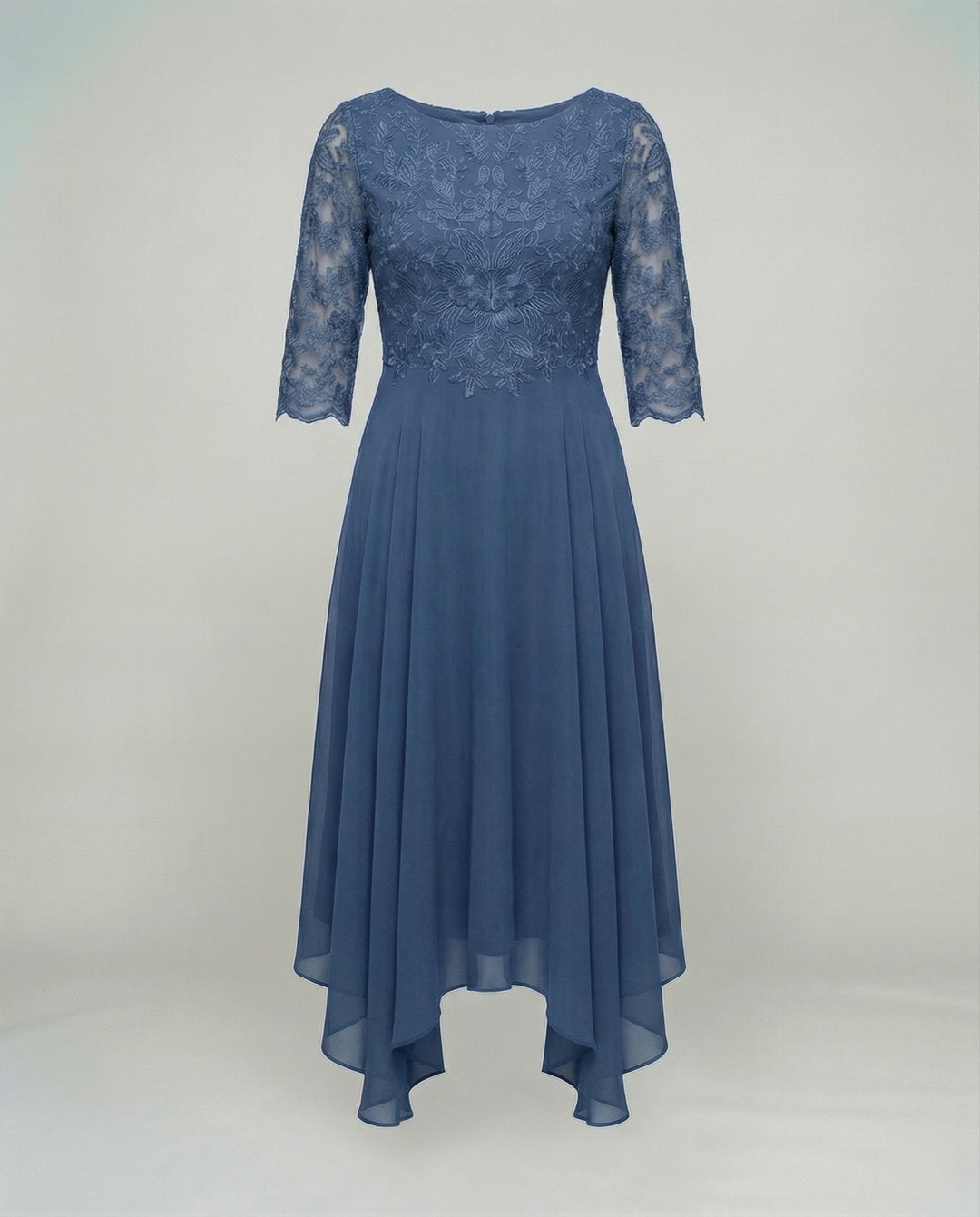 Flowy embroidered midi dress for women. Perfect elegant wedding guest or formal party attire.