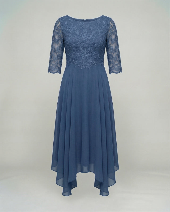 Flowy embroidered midi dress for women. Perfect elegant wedding guest or formal party attire.