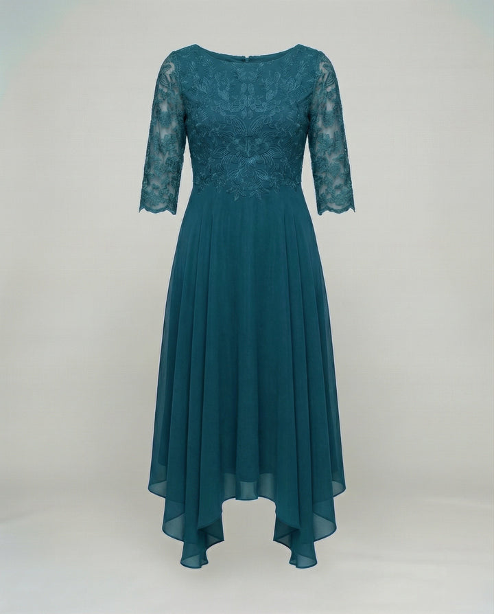 Flattering A-line midi dress for women, elegant and perfect for wedding guests & special events.
