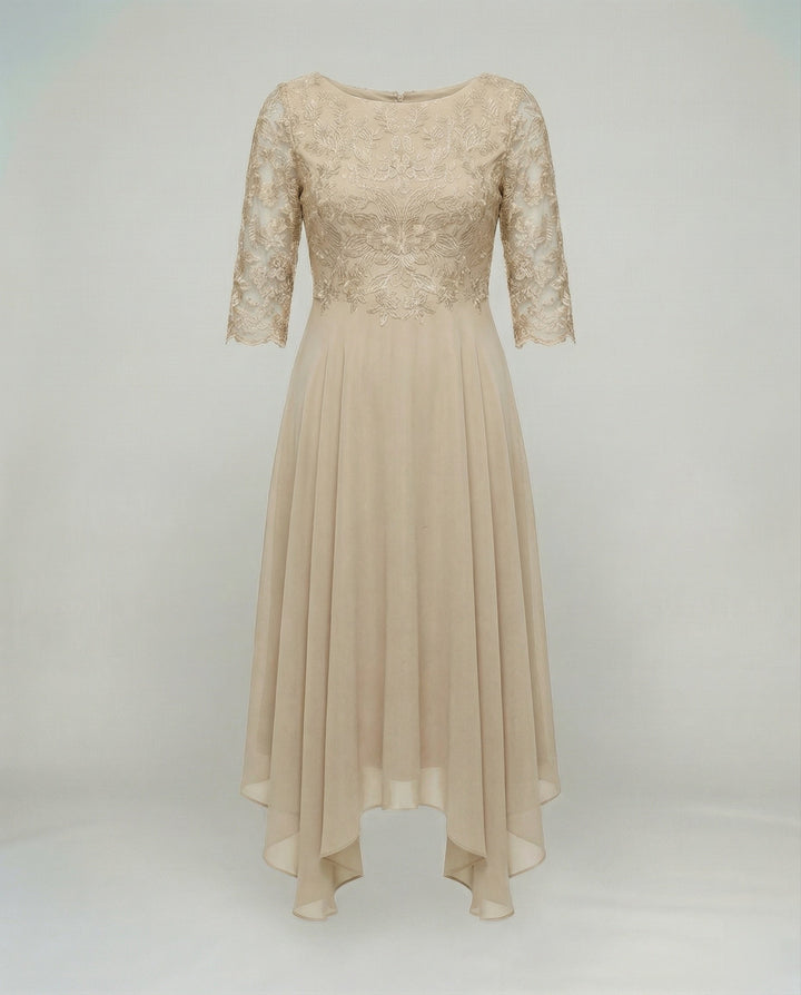 Women's elegant embroidered midi dress, ideal for wedding guests & formal occasions.