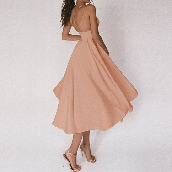 Formal women's cocktail dress: midi length, strappy, structured bodice, and a beautiful flared A-line skirt.