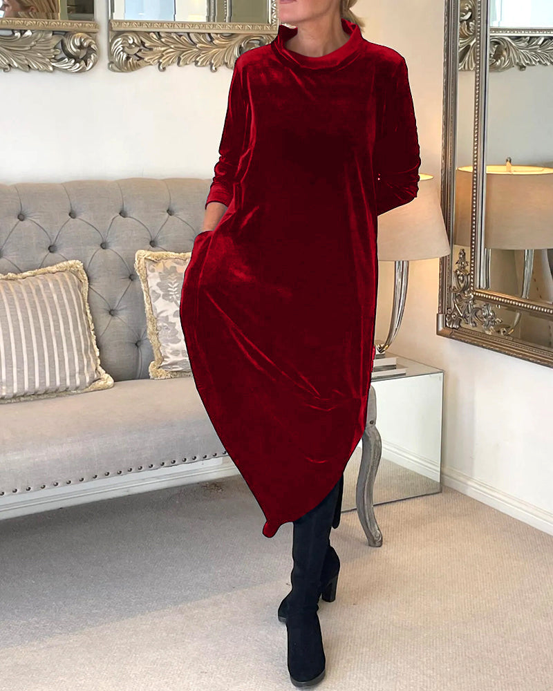 Effortlessly chic women's dress, elegant for office or casual, features long sleeves & pockets.