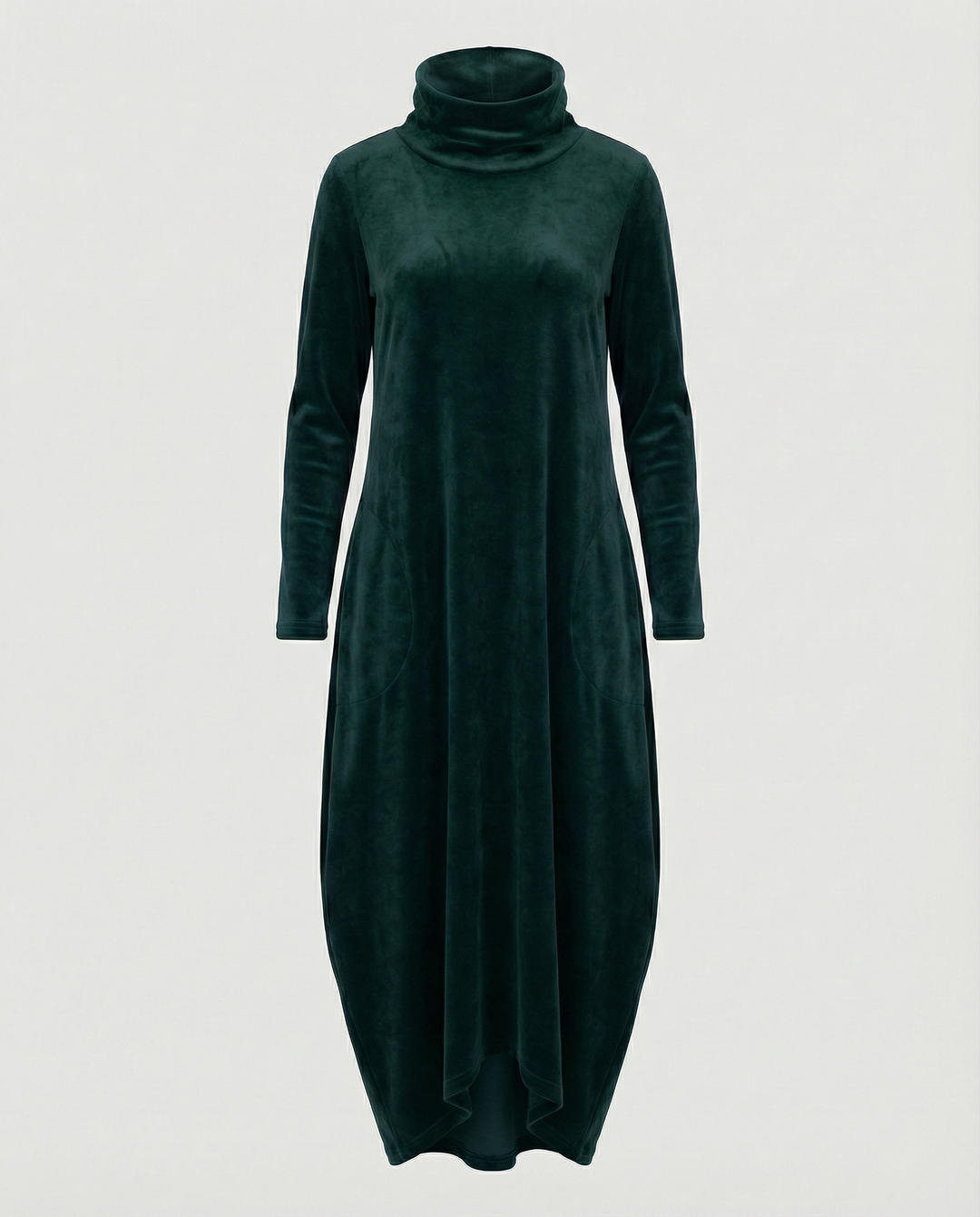 Stylish women's midi dress in navy, elegant design, long sleeves, round neck, and pockets.
