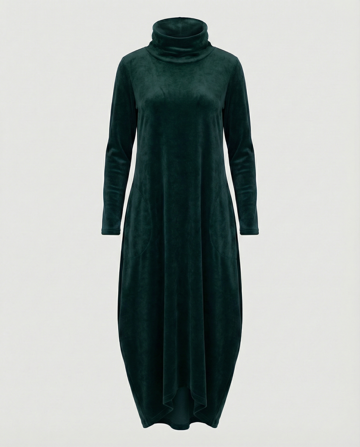 Stylish women's midi dress in navy, elegant design, long sleeves, round neck, and pockets.