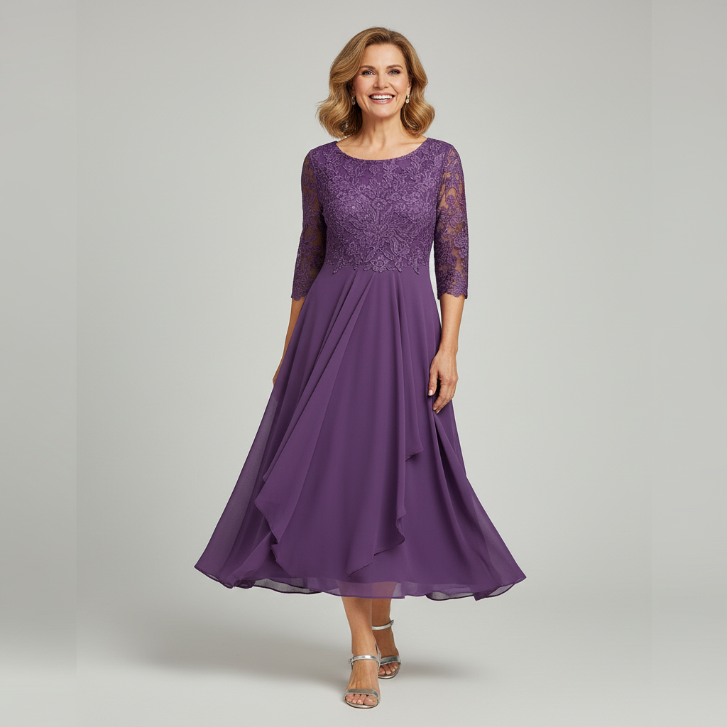 Elegant Women's Midi Dress with Three-Quarter Sleeves, perfect for formal occasions & wedding guests.