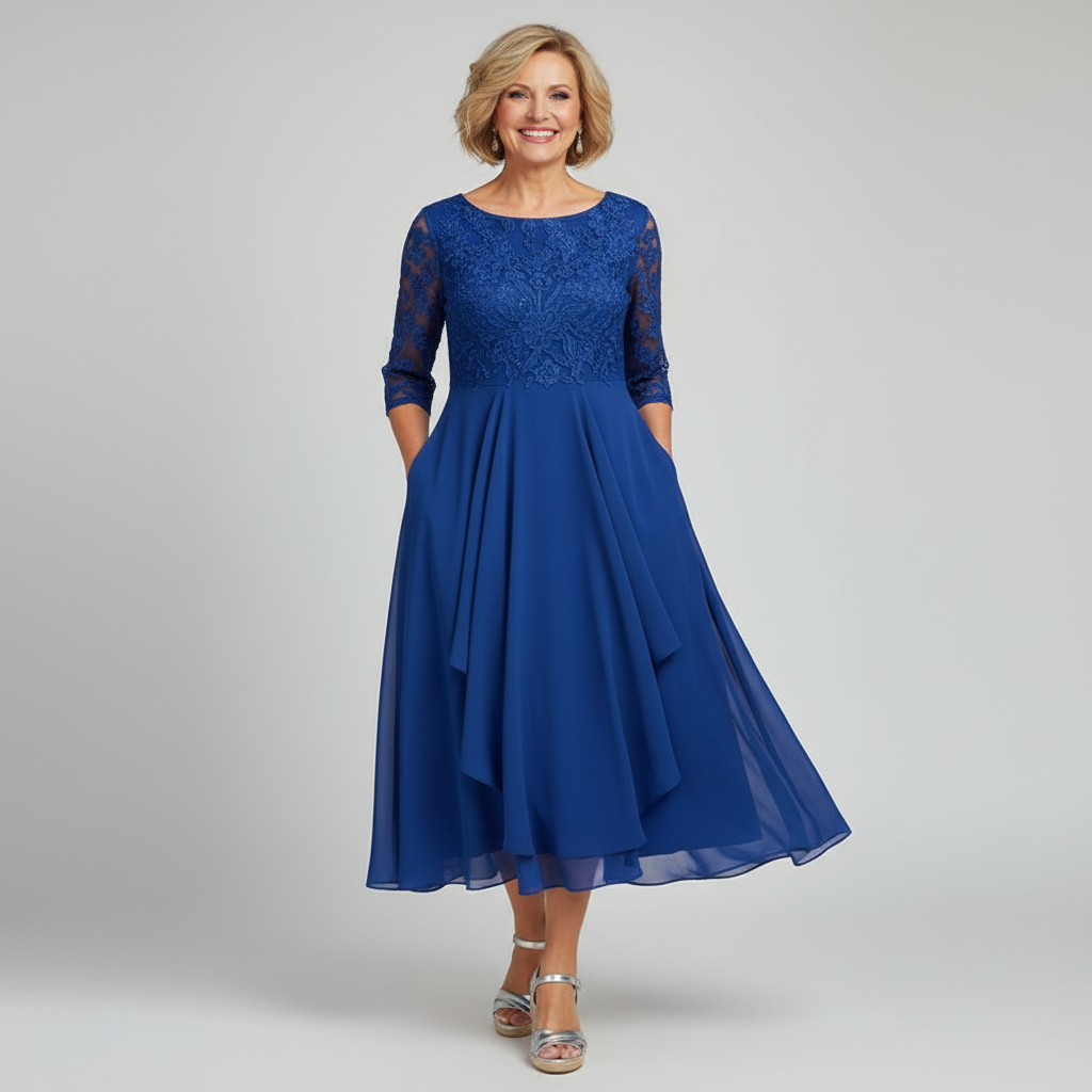 Modest women's midi dress featuring three-quarter sleeves and stylish asymmetric hem, occasion wear.