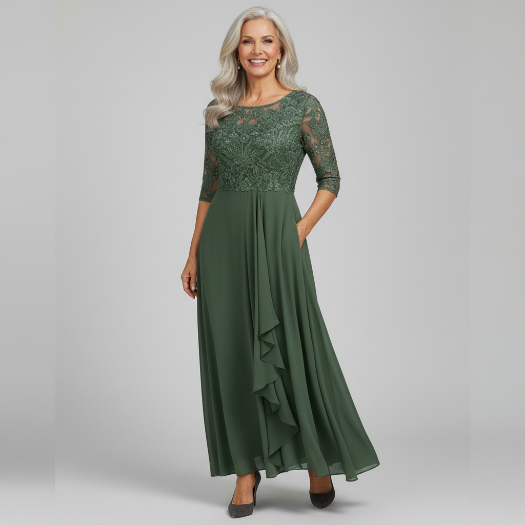 Wedding guest women's midi dress, elegant three-quarter sleeves, perfect for formal events.