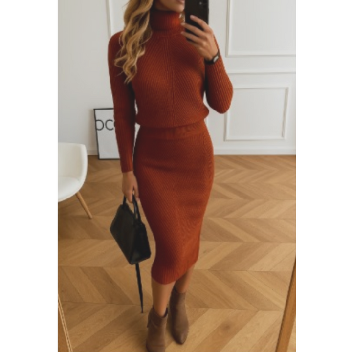 Stylish women's midi length sweater dress, a core piece for modern fashion.