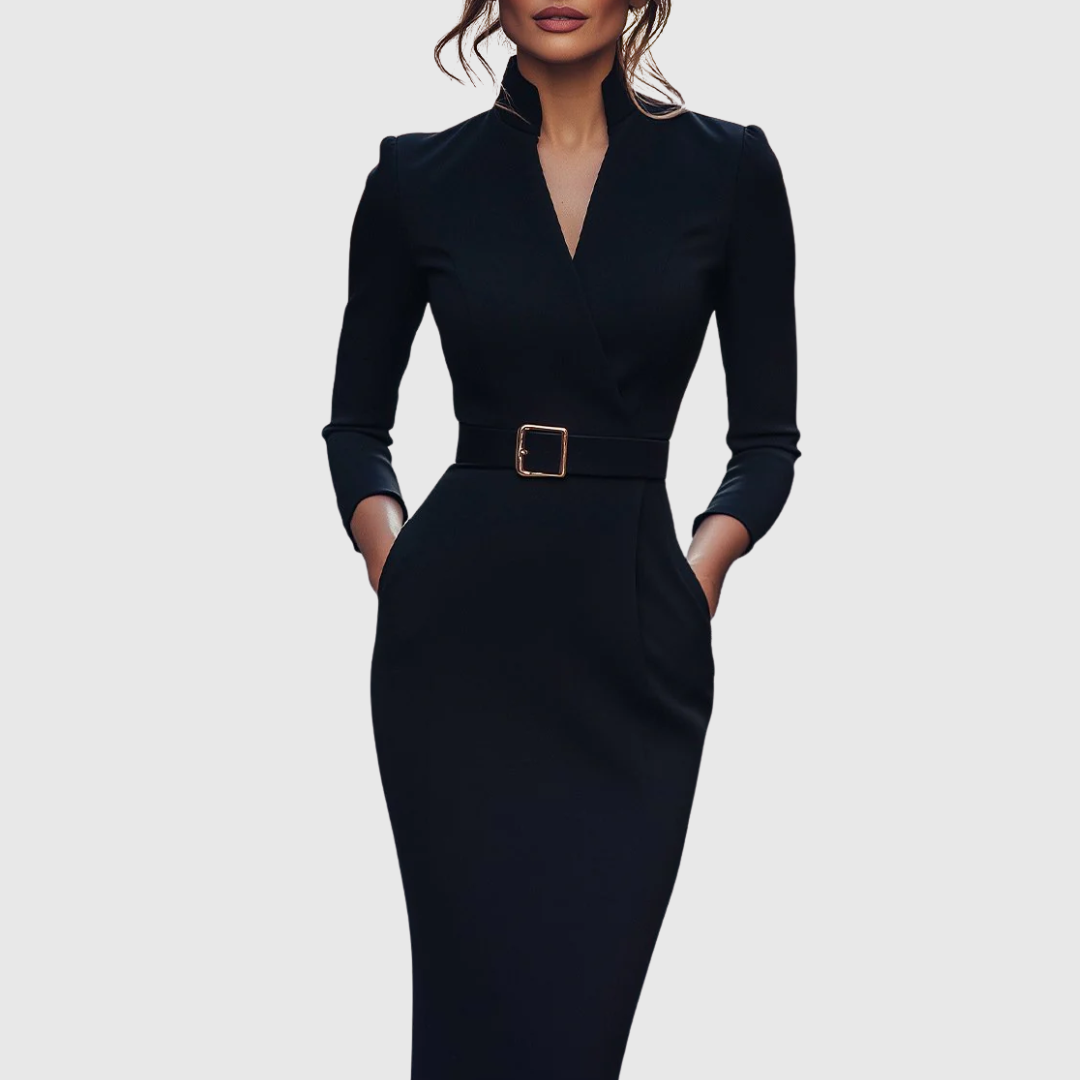 Elegant women's mock wrap midi dress, perfect for work or special occasions, 3/4 sleeve