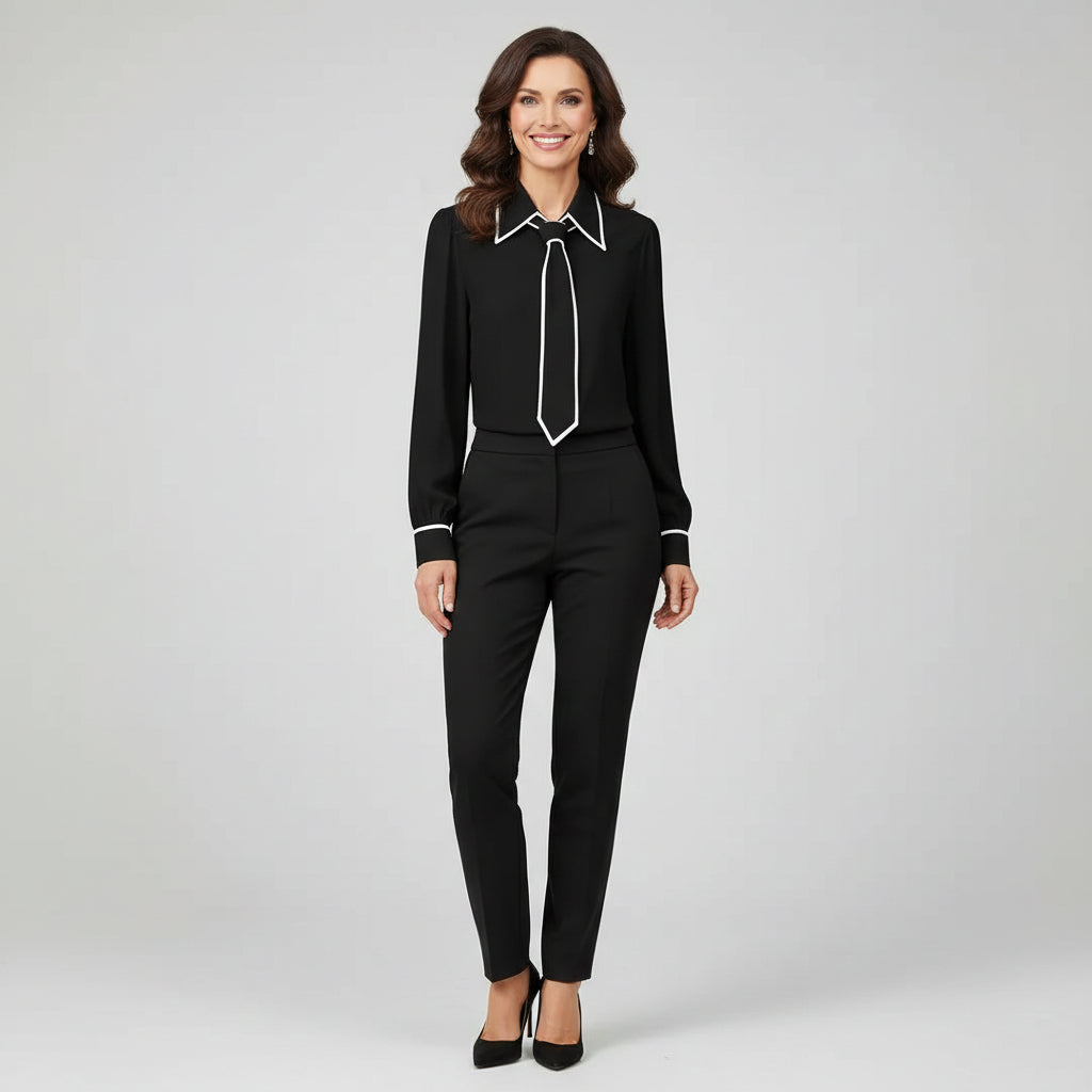 Elegant women's necktie blouse with long sleeves, perfect for professional office workwear & smart casual style.