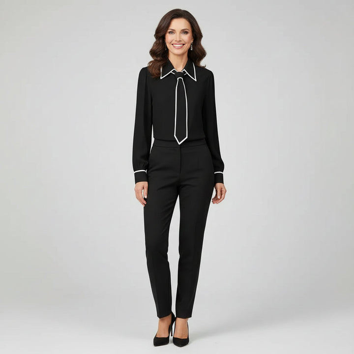 Elegant women's necktie blouse with long sleeves, perfect for professional office workwear & smart casual style.