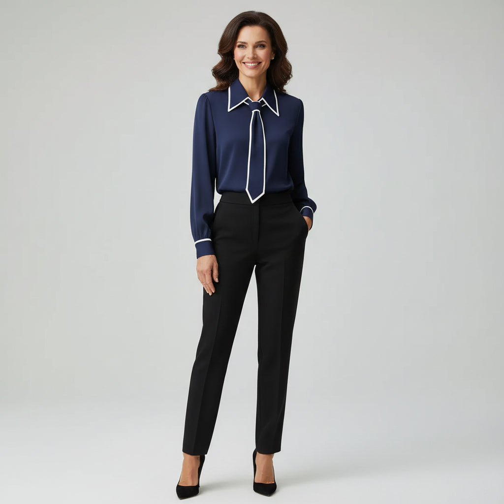 Women's smart long sleeve blouse featuring a chic necktie detail, designed for elegant professional office wear.