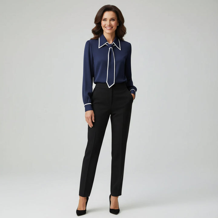 Women's smart long sleeve blouse featuring a chic necktie detail, designed for elegant professional office wear.