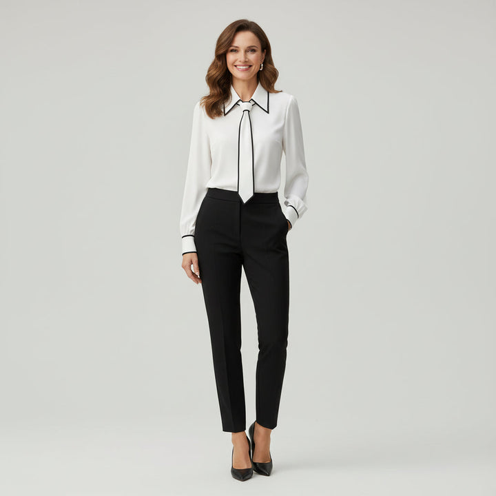 Professional women's elegant long sleeve necktie blouse, a smart work top for sophisticated office fashion.